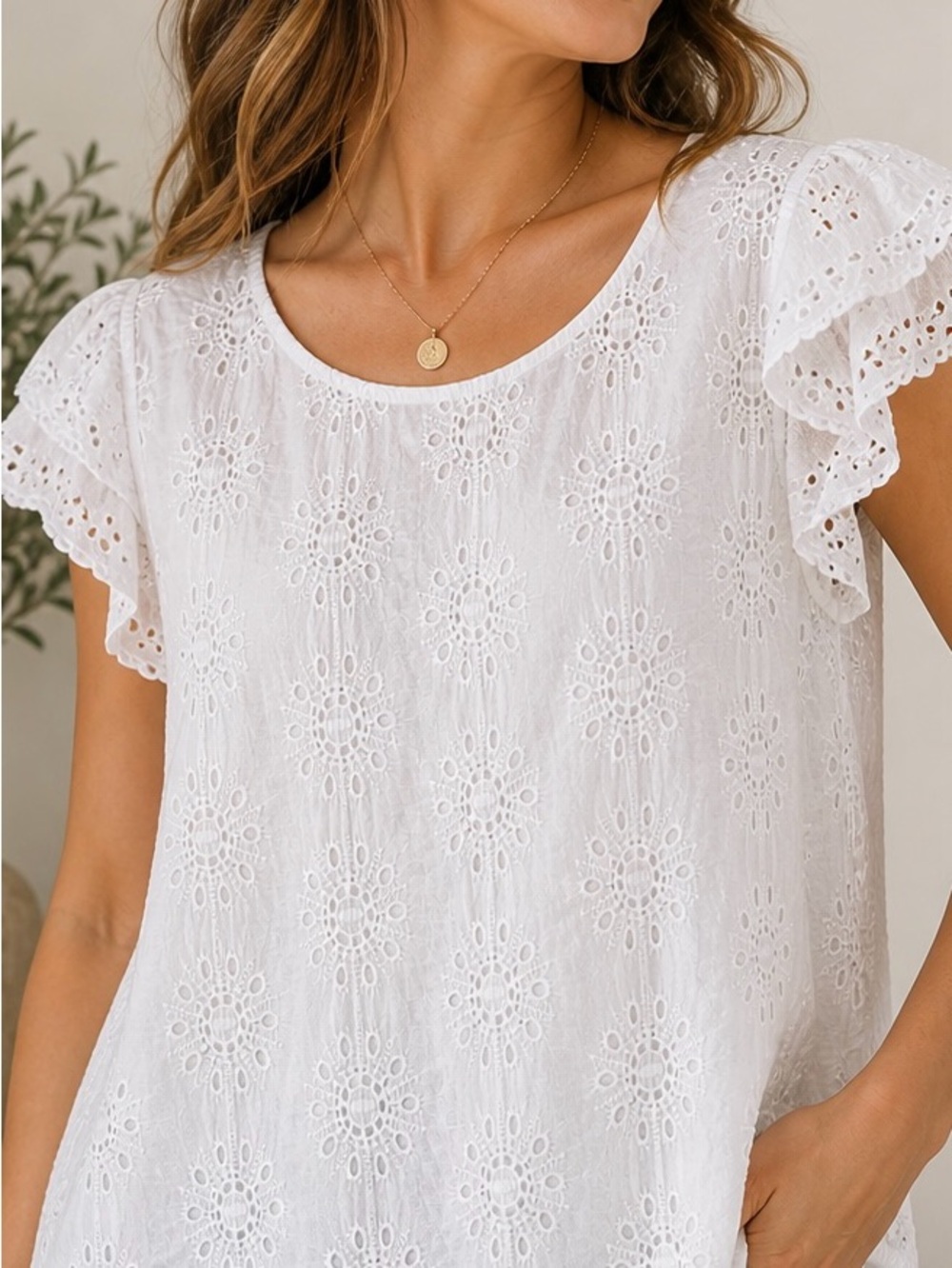 Lungo L’Arno Italian Cotton Eyelet Blouse Women 1X White Embroidered Flutter Top